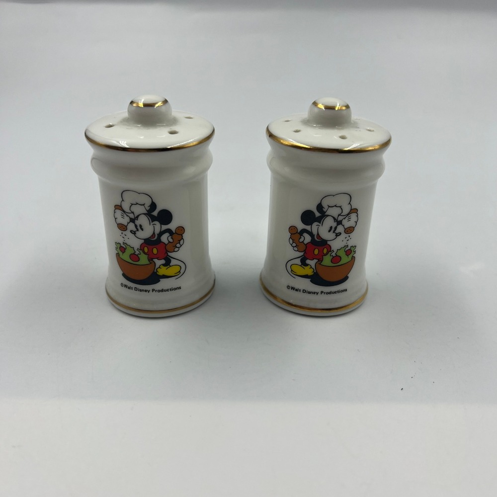 Vintage Disney Mickey Mouse Chef Salt Pepper Shakers Japan Gold Trim Ceramic Set